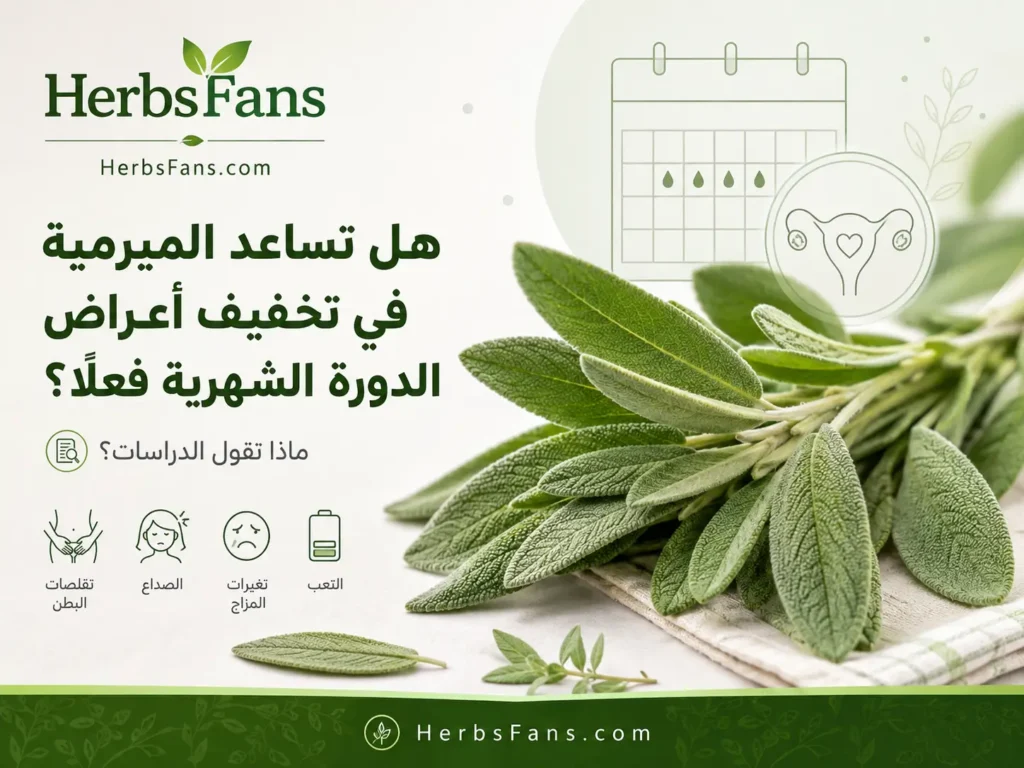 أوراق الميرمية مع رموز توضيحية لأعراض الدورة الشهرية مثل التقلصات والصداع وتغيرات المزاج